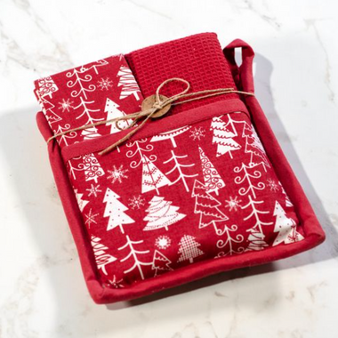 Pot Holder & 2 Towel Set - Red Trees