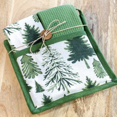Pot Holder & 2 Towel Set - Green Trees