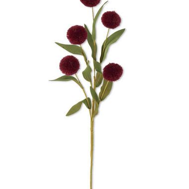 13" Burgundy Pompom Picks w/Green Eva Leaves