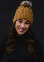 Camel Cable Knit Pom Hat
