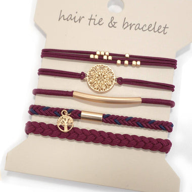 Boho Knot Bracelet and Hair Ties - Burgundy