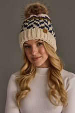 Beige, Navy & Lt. Pink Patterned Pom Hat