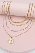 Double Rhinestone Coin Pendant Layer Necklace - Gold
