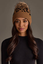 Camel Leopard Pattern Knit Pom Hat