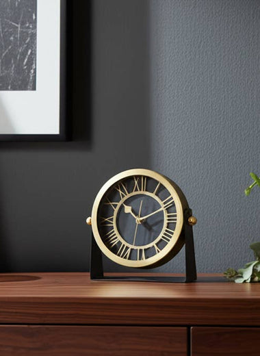 Black/Gold Metal Round Table Clock