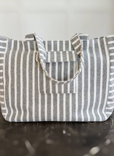 Jumbo Terry Cloth Grey Striped Beach Bag