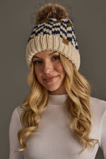 Beige, Navy & Lt. Blue Patterned Pom Hat