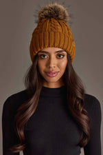 Mustard Cable Knit Pom Hat