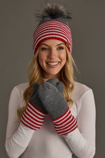 Gray, Red & White Striped Knit Pom Hat