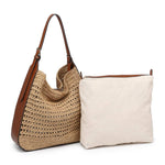 2 in 1 Savannah Straw Hobo Tote Bag With Pouch - Tan