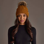Mustard Cable Knit Pom Hat