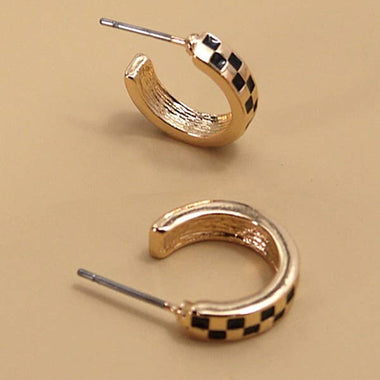 Mini Checker Hoop Huggie Earrings:  Gold/Black