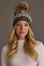 Gray Deer Winter Pattern Pom Hat