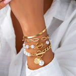 Multilayer Pearl Chain Herringbone Mix Bracelet Set - Gold