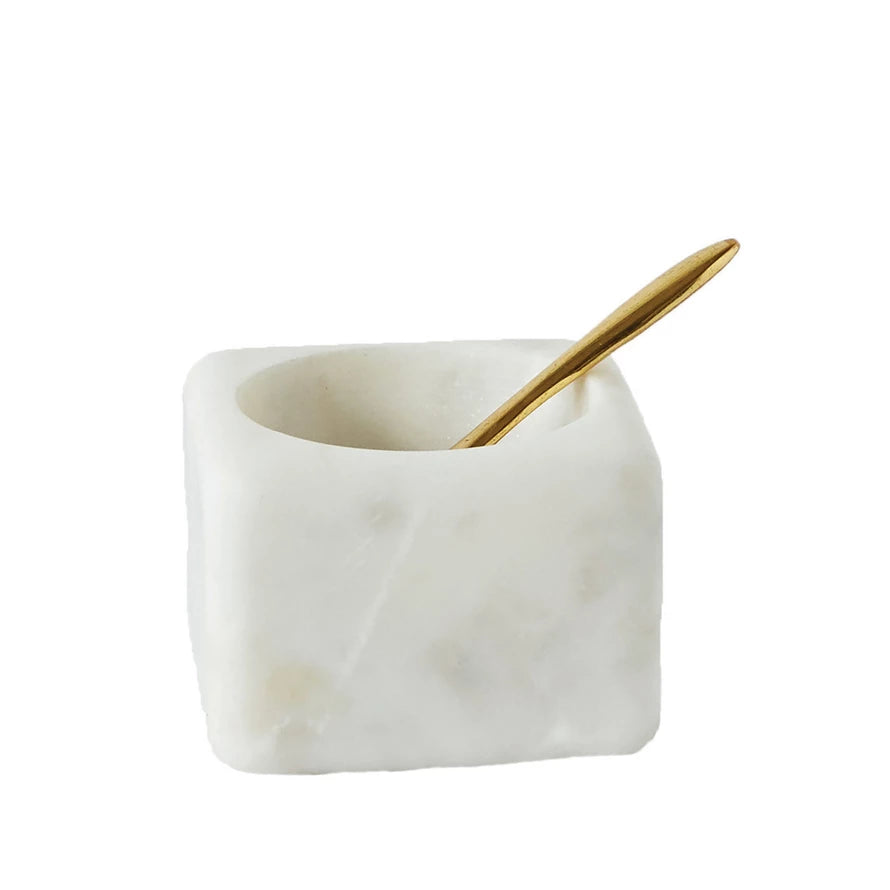 White Marble Bowl with Brass Spoon
