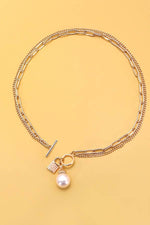 Double Layer Toggle Necklace with Pearl and Lock Charm - Gold