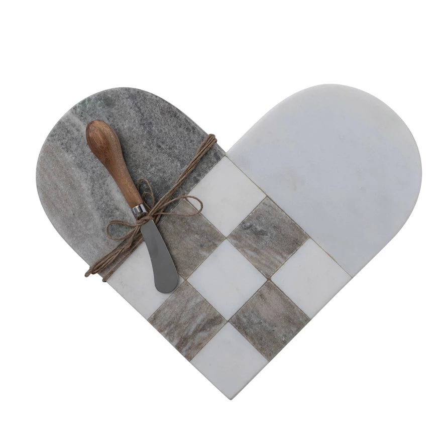 Two-Tone Marble Heart Shaped Cheese/Cutting Board w/ Canape Knife