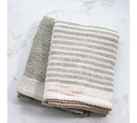 Olive Waffle/Stripe Towels S/2