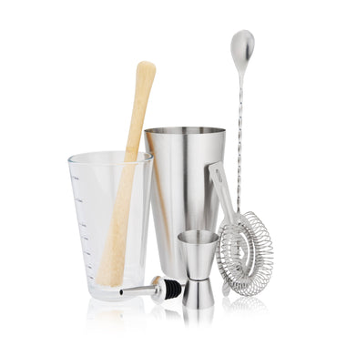 Stainless Steel Glass & Wood Bar Tool Set - Set of 7