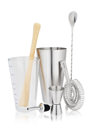 Stainless Steel Glass & Wood Bar Tool Set - Set of 7