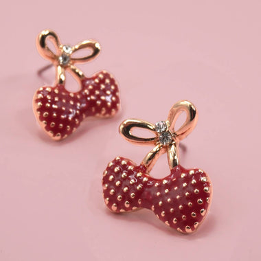 Double Heart Cherry Stud Earrings - Gold