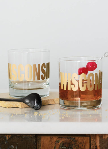 Wisconsin Gold Typography Rocks Glass