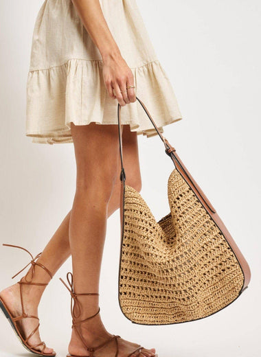 2 in 1 Savannah Straw Hobo Tote Bag With Pouch - Tan