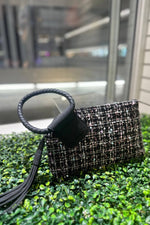 Tweed Cuff Handle Tassel Wristlet - Black