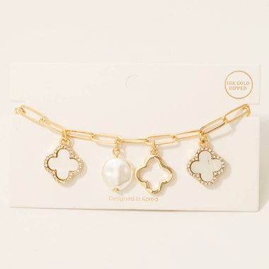 Large Pearl And Clover Charms Chain Bracelet - Gold