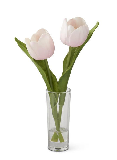 8.5" Real Touch Pink Double Tulip in Glass Vase