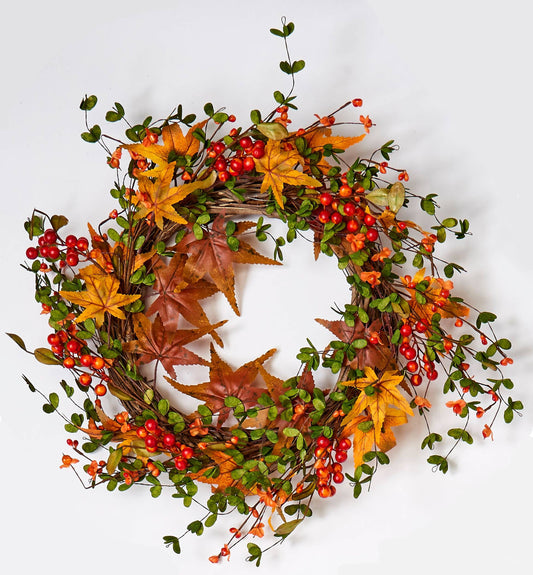 22" Fall Berry & Leaf Wreath on Natural Twig Base