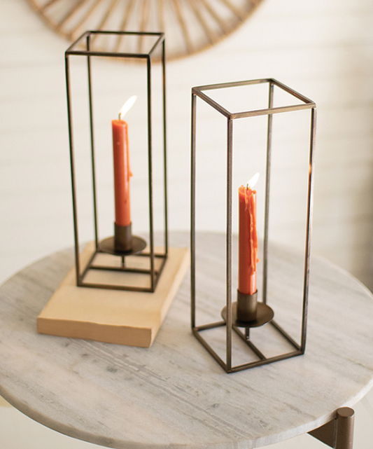 Tall Square Antique Brass Taper Candle Holder