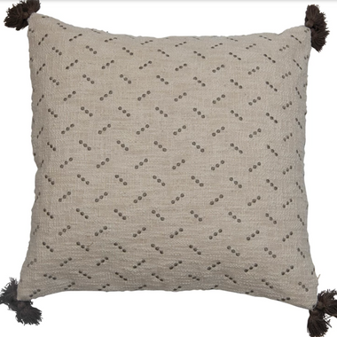 20" Cotton Slub Pillow with Embroidery & Tassels