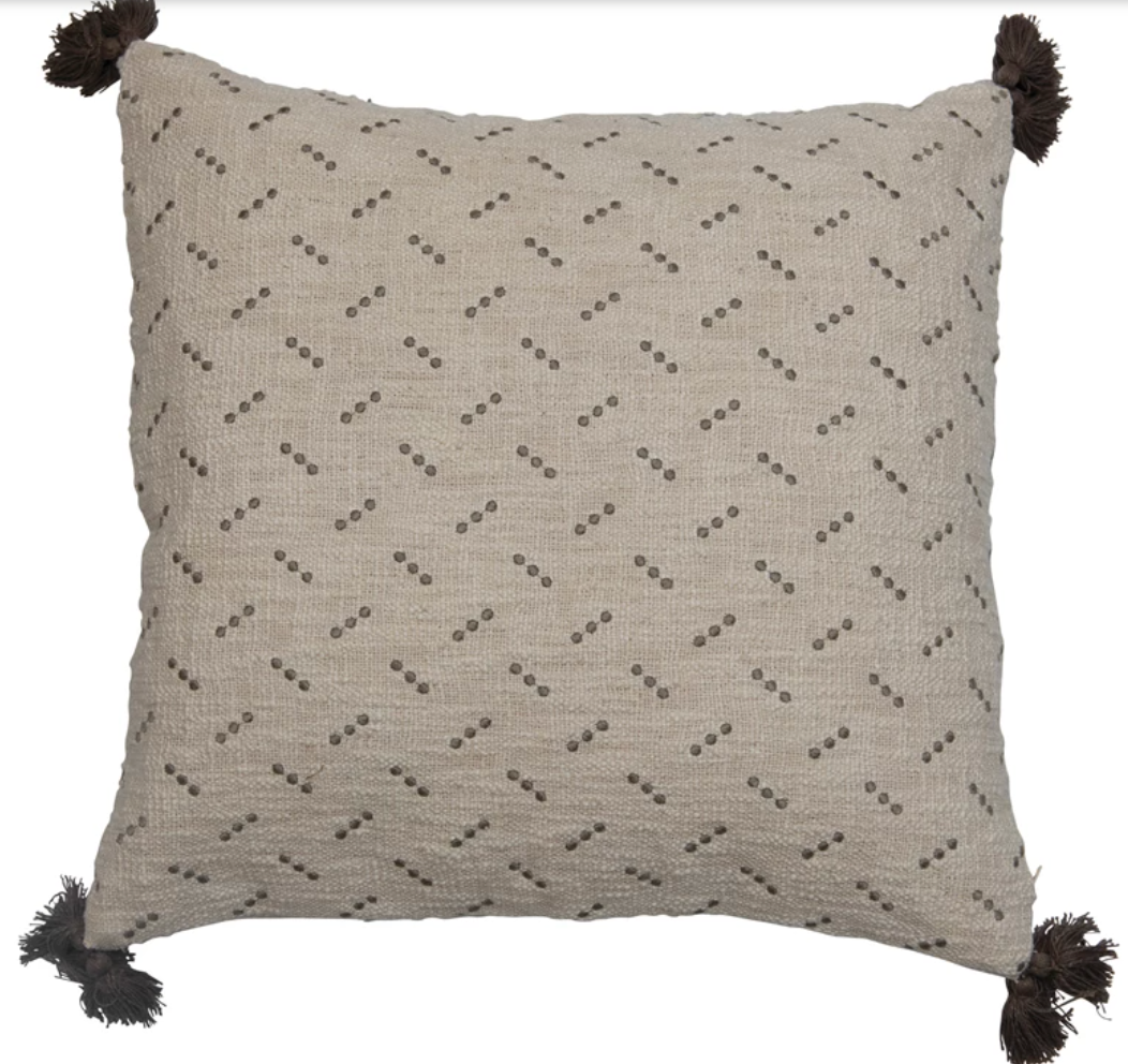 20" Cotton Slub Pillow with Embroidery & Tassels