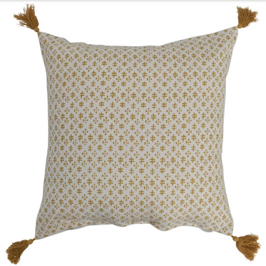 20" Cotton Pillow w/ Pattern & Tassels, Polyester Fill