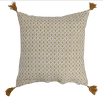 20x20 Cotton Pillow w/ Pattern & Tassels, Polyester Fill, Mustard on White