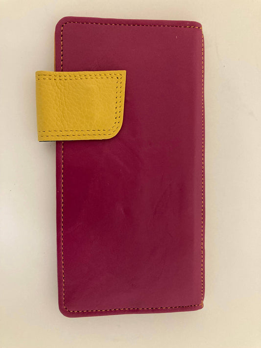 Recycled Coloured Leather Purse - Maroon with Yellow